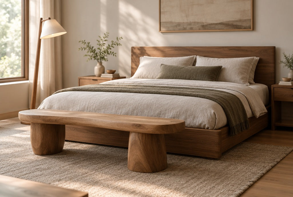 A calm bedroom with a solid wood platform bed, wood side tables, a sculptural bench at the foot of the bed and a wood floor lamp, soft morning light