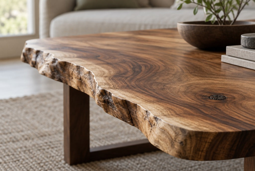 Close-up of a live-edge solid wood coffee table showing the natural outer edge of the tree, swirling grain and a small knot, soft side light