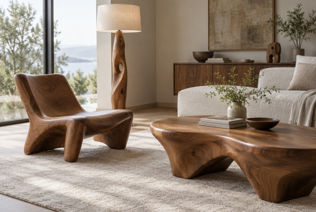 A modern living room with a sculptural solid wood lounge chair, a carved wood floor lamp and a flowing wood coffee table on a pale rug