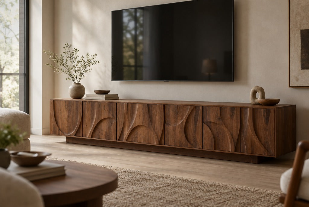 A long sculptural solid wood TV console with carved fronts under a wall-mounted TV in a modern living room