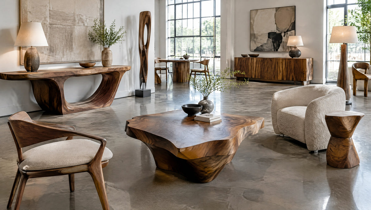 A gallery-style showroom displaying newly built sculptural solid wood consoles, coffee tables, chairs and lamps