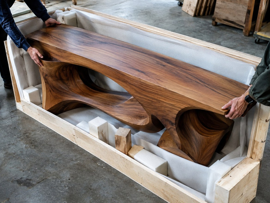 A sculptural solid wood console being crated for shipping on a workshop floor